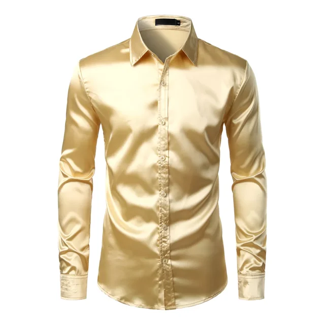 Camisas De Vestir De Satén Tipo Seda Brillante Para Hombre,