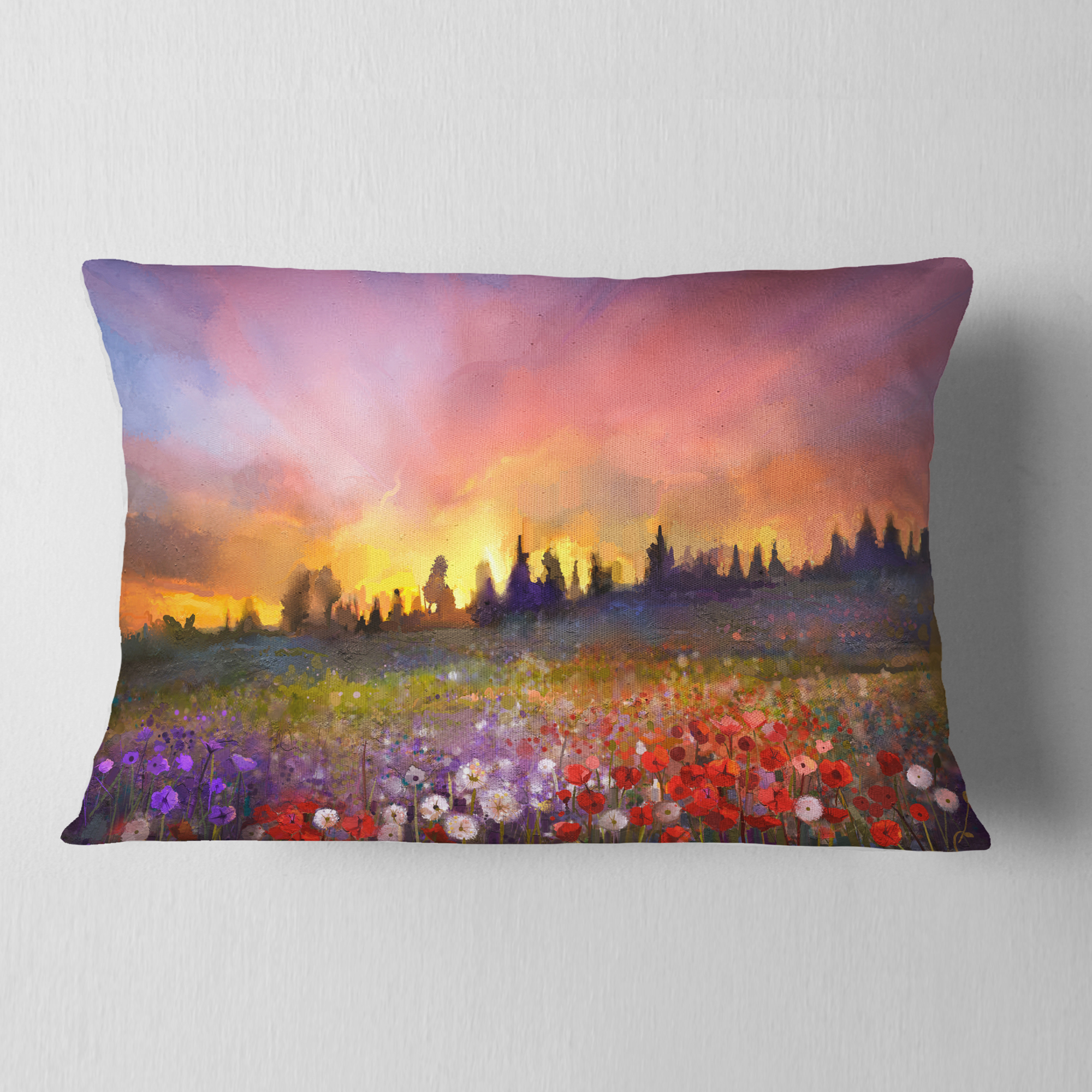 Designart Field of Poppy Dandelion and Daisy - Floral Throw Pillow - 12x20