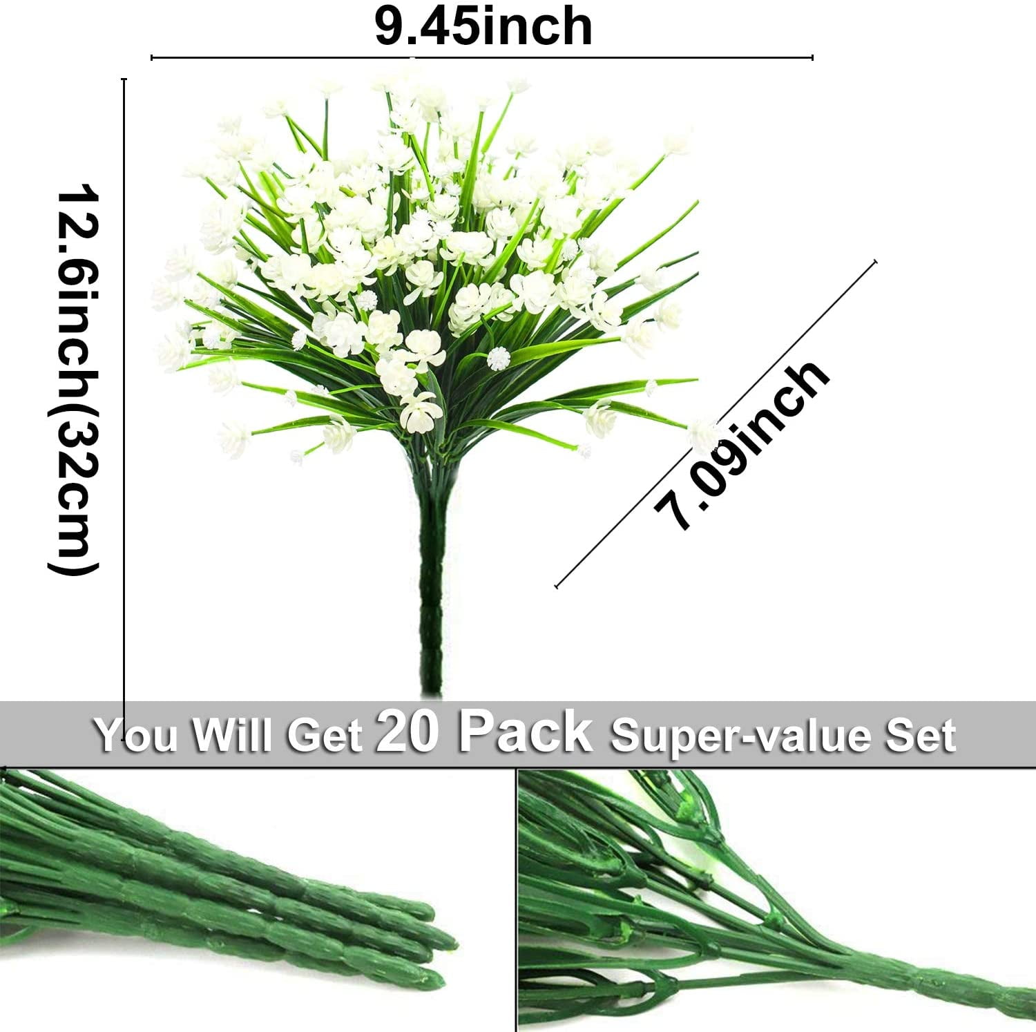 Sinhoon 20 Bundles Artificial Flowers for Outdoor Decoration, UV Resistant Faux Outdoor Plastic Greenery Shrubs Plants Fake Flowers Hanging Planter Home Garden Decor (White)