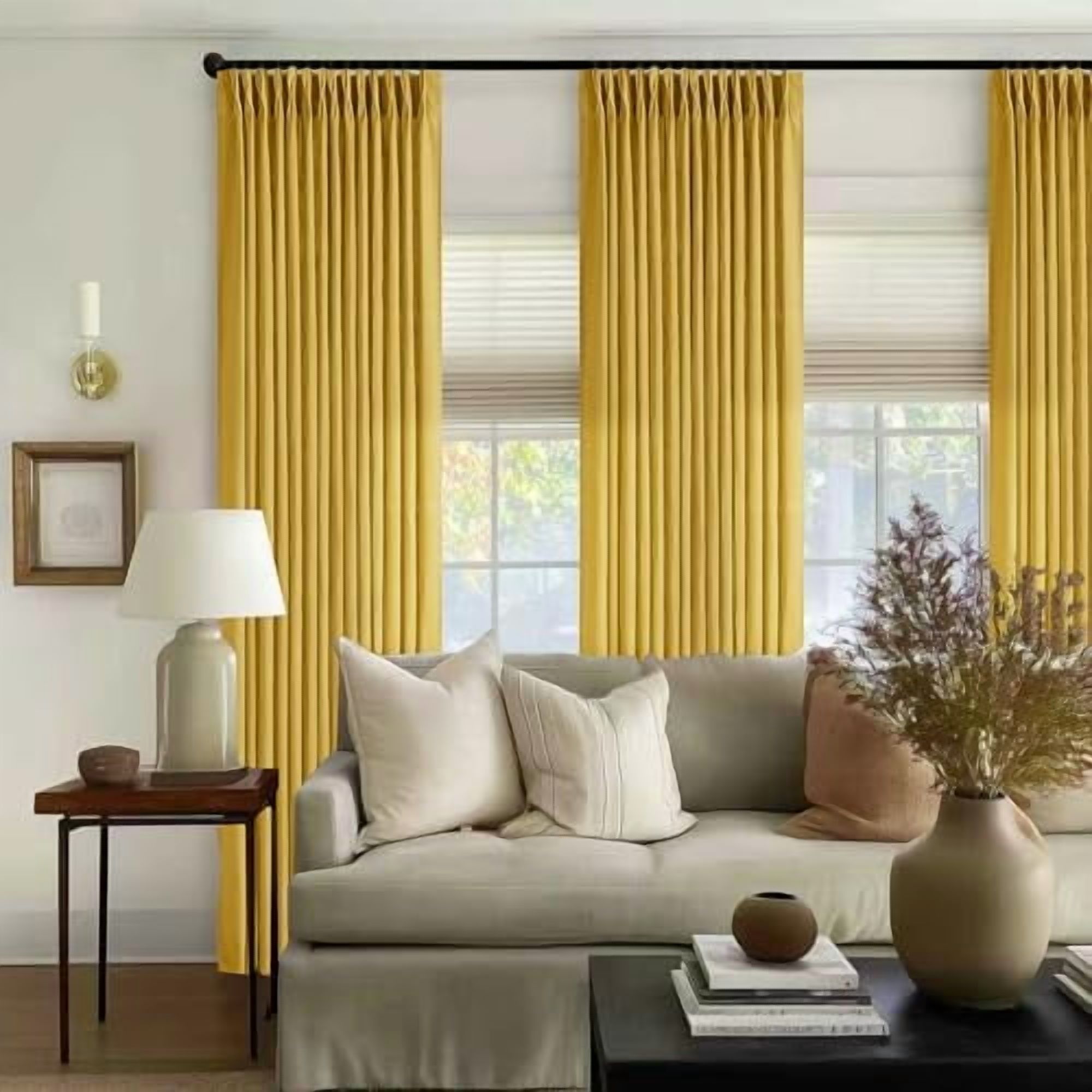 Mustard Yellow 90 Inch Linen Curtains Pinch Pleated for Living Room Bedroom Dining Boho Light Filtering Pinch Pleat Drapes Hooks Rings Back Tab Semi Sheer Gold Harvest Spring Window Curtains 2 Panels