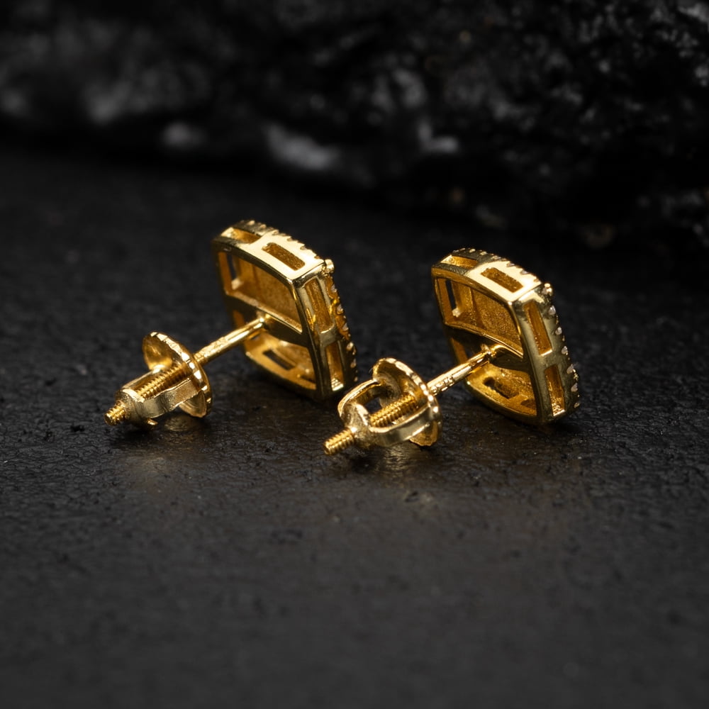 Yellow Gold 925 Sterling Silver Hip Hop 3D Cube Square Cluster Stud Earrings