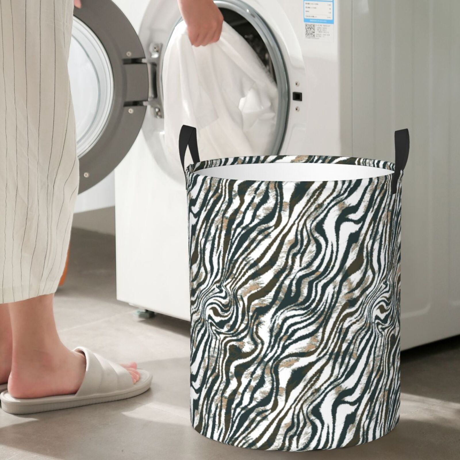 Large Laundry Basket with Handles - Zebra print black white Kids Baby Dirty Clothes Laundry Hamper for Bedroom Aesthetic