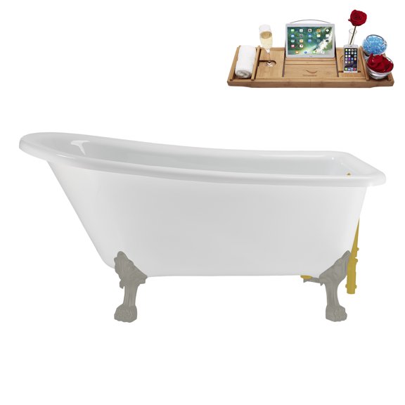 58" Streamline N4860BGM-BGL Soaking Clawfoot Tub and Tray With External Drain in Brushed Gold and Brushed Gun Metal Clawfeet