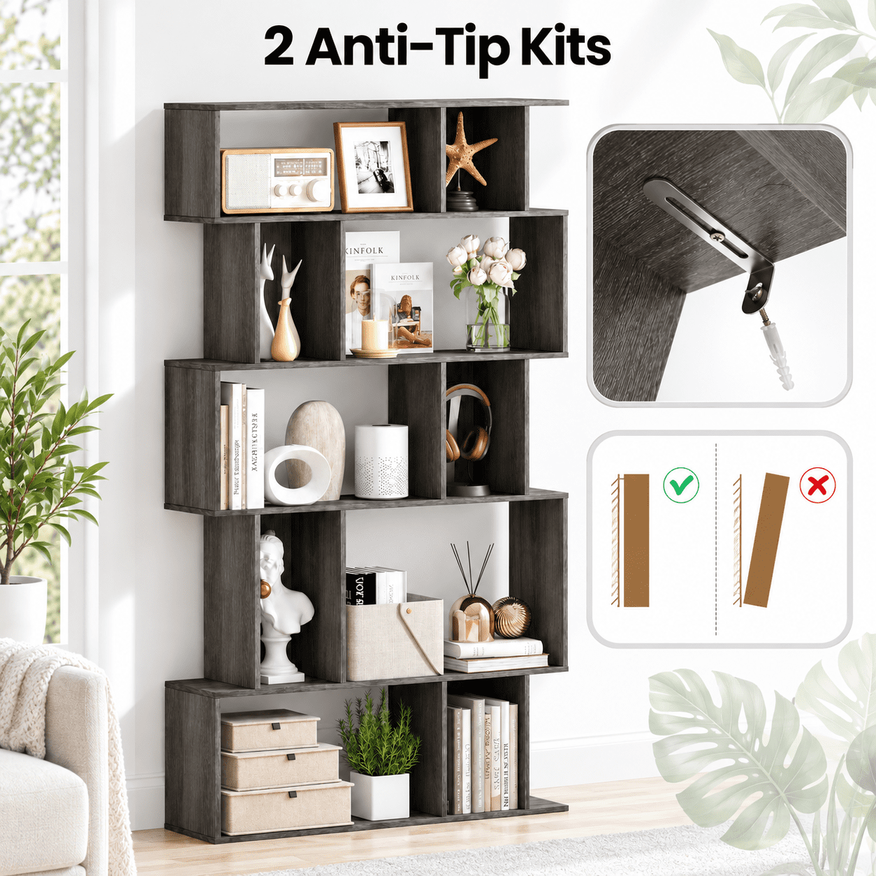 Furnibear 5 Tier Tall Bookshelf Bookcase with Open Shelves and Closed-Back Cube Storage for Living Room Home Office and Bedroom, Oak
