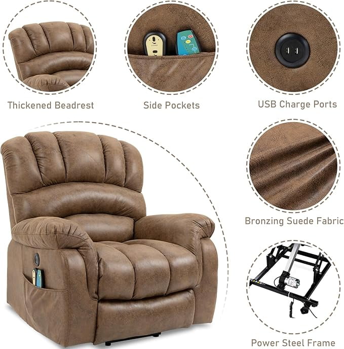 EPICOZY Large Power Lift Recliner Chair with Extended Footrest for Elderly Big Tall Man, Overstuffed Heated Massage Wide Electric Recliners with 2 Remote Controls, Side Packets & USB Ports, Brown