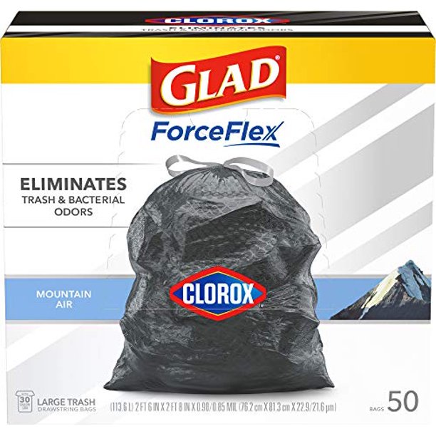 Glad Large Drawstring Trash Bags ForceFlex with Clorox, 30 Gallon Black
