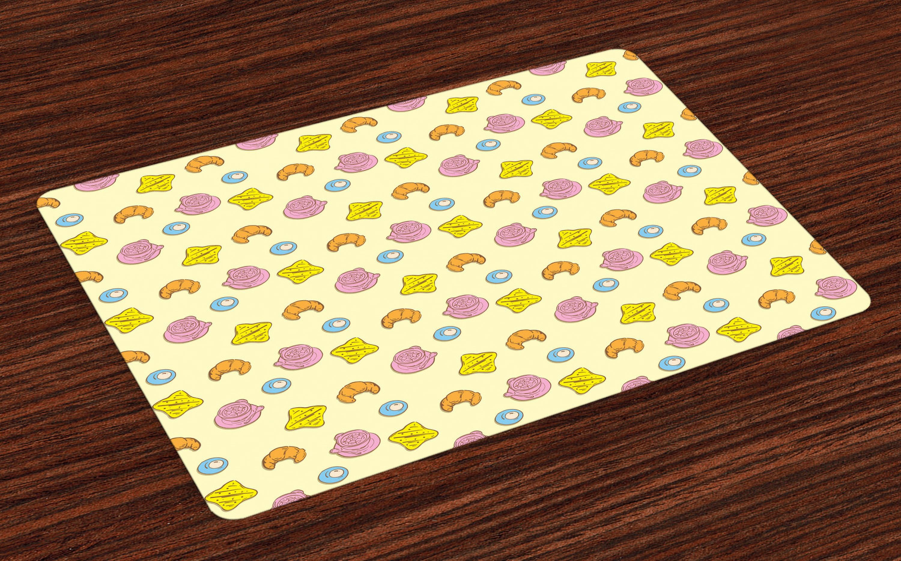 Colorful Placemats Set of 4 Fried Egg Bread Croissant and Coffee in the