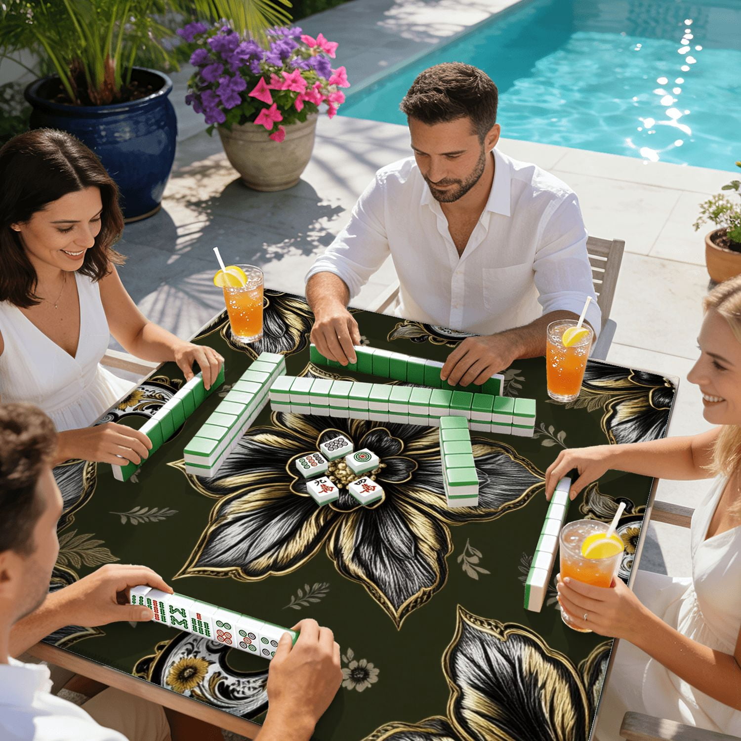 Mahjong Mat 31.5" x 31.5" flower paisley seamless Green Non-Slip Noise Reduction American Mahjong Tiles Table Cover for Dominoes Poker Card Board Games Gift