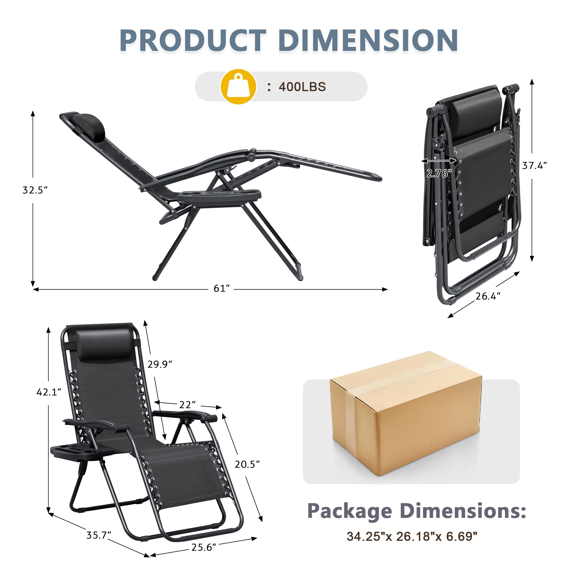 Lacoo Zero Gravity Chair Patio Outdoor Foldable Lawn Lounge Chair Reclining Chair with Adjustable Pillow Pack of 2, Black