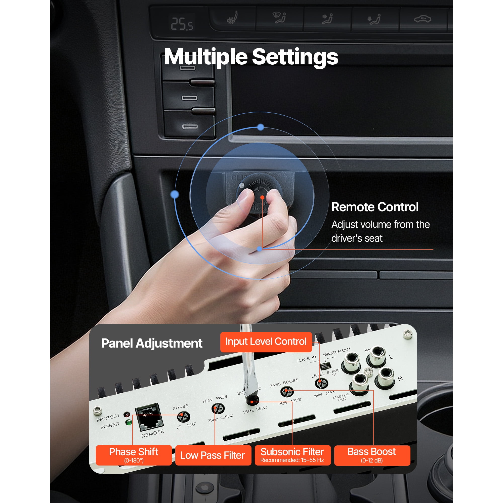 KFFKFF Monoblock Car Amplifier, 1200W RMS Max Power, 1/2/4 Ohm Compatibility, Single-Channel Class D Audio Amplifier with Adjustable Subwoofer Control, Low Pass Filter, Enhanced Bass Boost