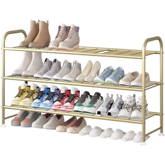 LINZINAR Shoe Rack Long 3 Tier Shoe Storage Organizer Metal Wide Shoe Shelf for Closet Entryway Bedroom 24 Paris Large Capacity, Gold