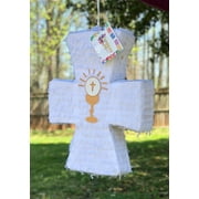 20" Tall White Cross Piñata with Gold Chalice Accents for Baptism or First Communion Easter Religious Celebration Faith