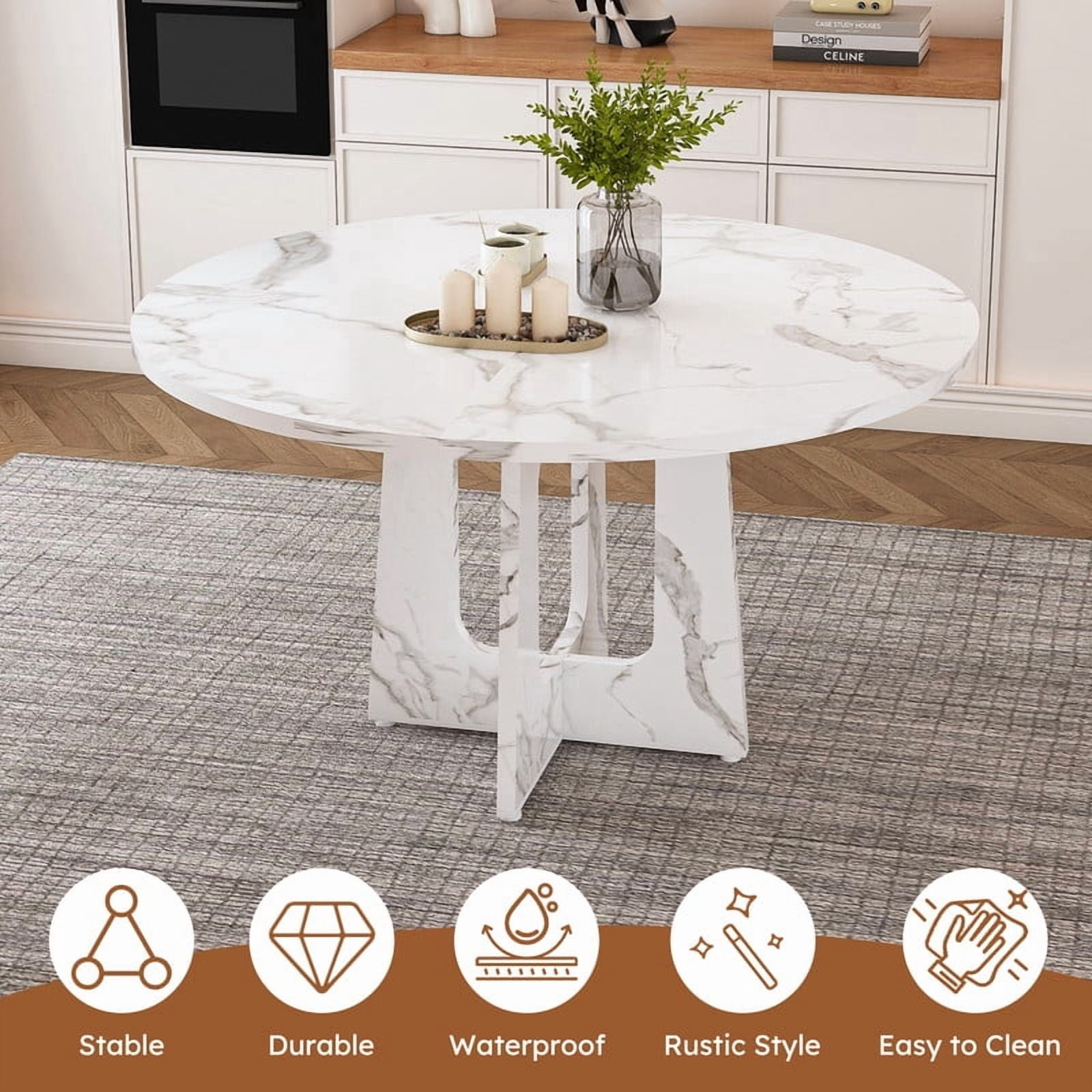 Accent Spliced Design Tabletop Round Dining Table for 4, Farmhouse Indoor Kitchen Table with Cross Base & Adjustable Foot Pads