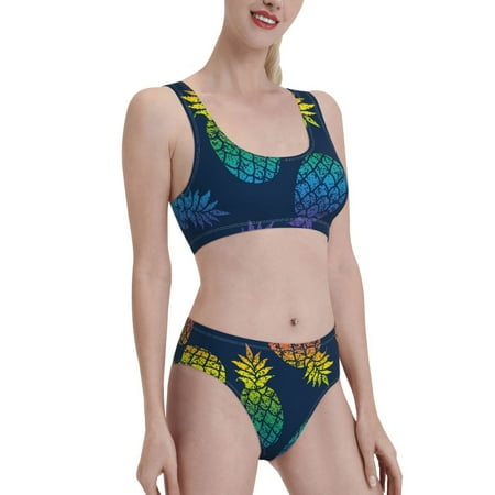 Picia Abstract Bright Pineapple Fruit Retro Women s High Waisted Bikini Scoop Neck Swimsuit Two Pieces Bathing Suit-Small