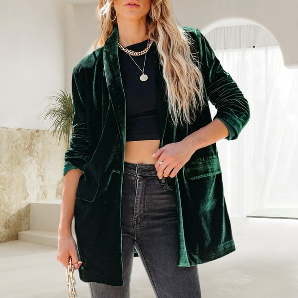 Chaqueta de terciopelo informal para mujer, abrigo de trabajo elegante y informal a la moda Ygjytge Verde oscuro T M para Mujer