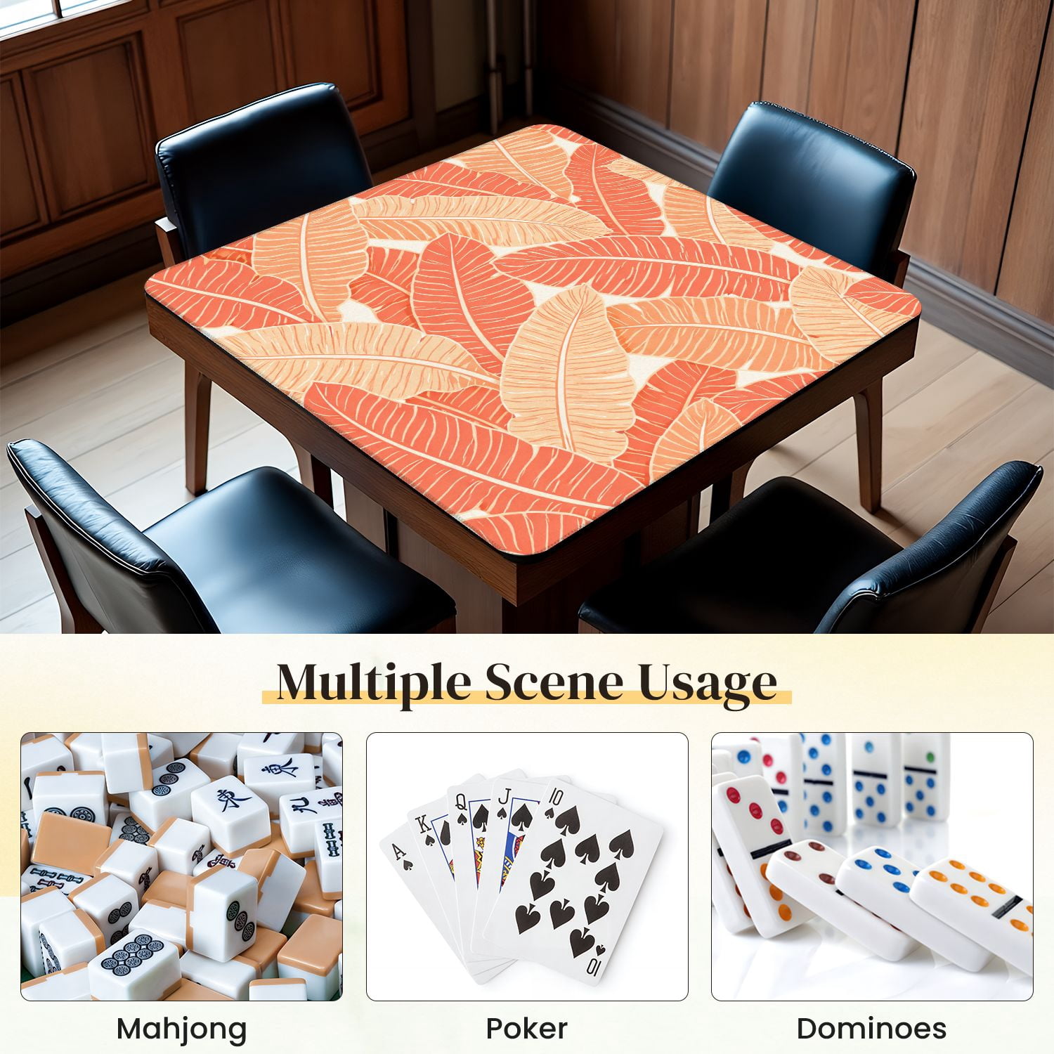 Mahjong Mat 31.5" x 31.5" Tropical leaves Seamless banana Anti-Slip and Noise Reduction Symmetry Design Mahjong Tiles Table Cover for Dominoes Poker Card Board and Tile Games