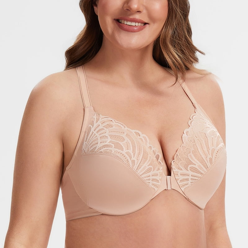 MELENECA Women's Racerback Front Closure Lace Unlined Plus Size Full Coverage Underwire Bra Pale Nude 40B