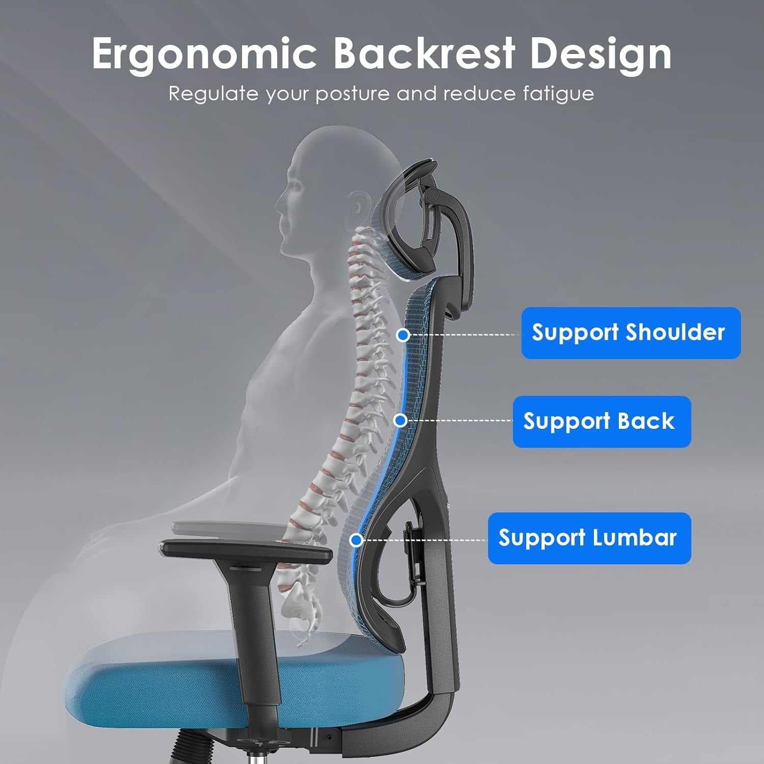 Farini Ergonomic Mesh Office Chair, Computer Desk Chair Ergonomic with Headrest, Adjustable Lumbar Support and 3D Armrests, High Back Office Chair, Black & Navy
