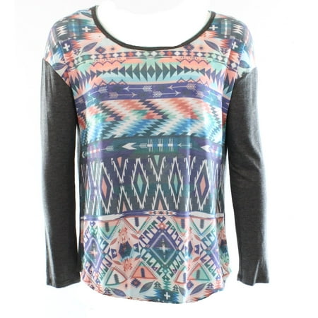 Edista NEW Gray Blue Large L Junior Front Tribal Printed Blouse $39 DEAL #982