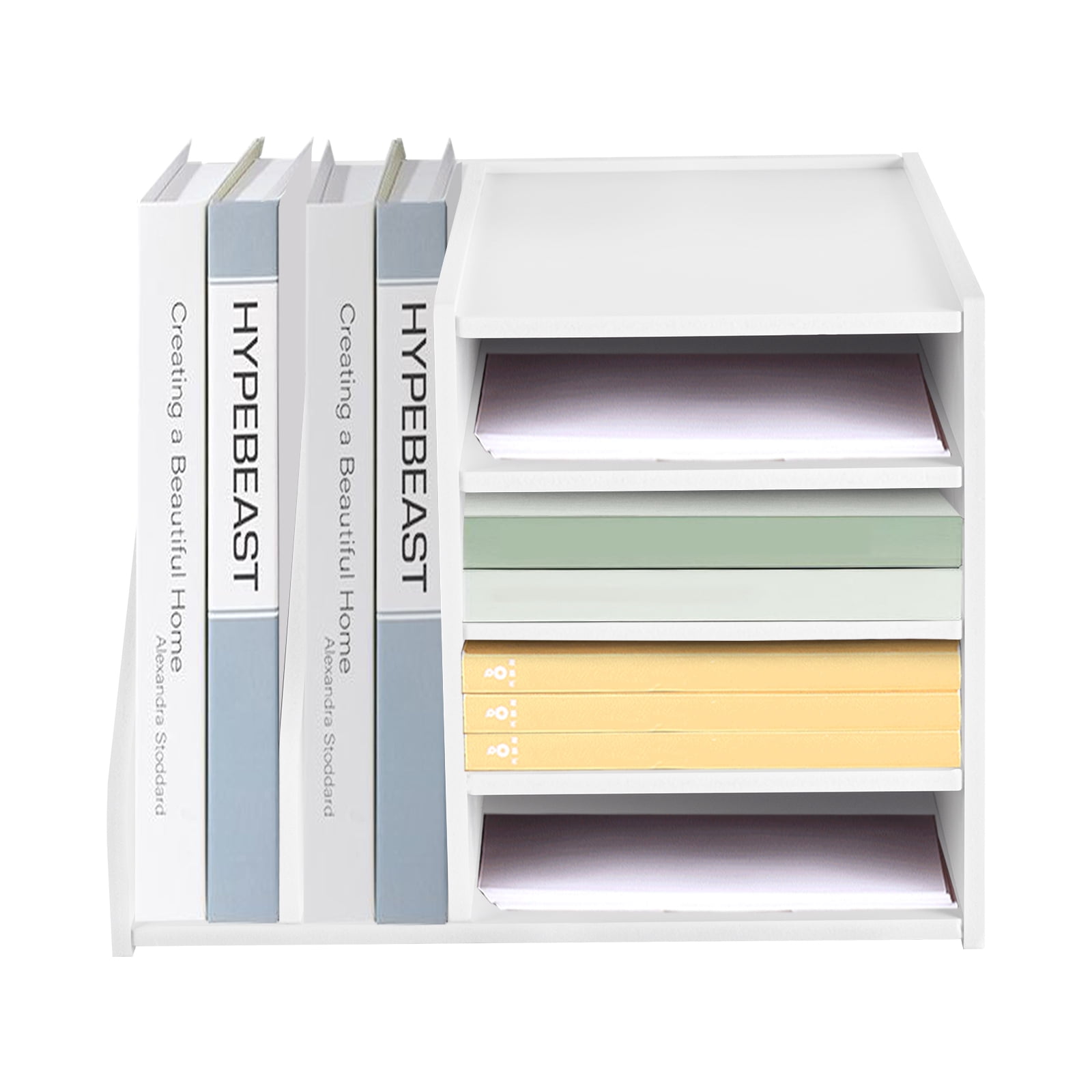 4 Tier Desk Organizer for Office, Desktop Storage Cabinet File Holder with 2 Side Storage Cabinets, Storage Organizer Filing Case for Office Bedroom Home, (White)