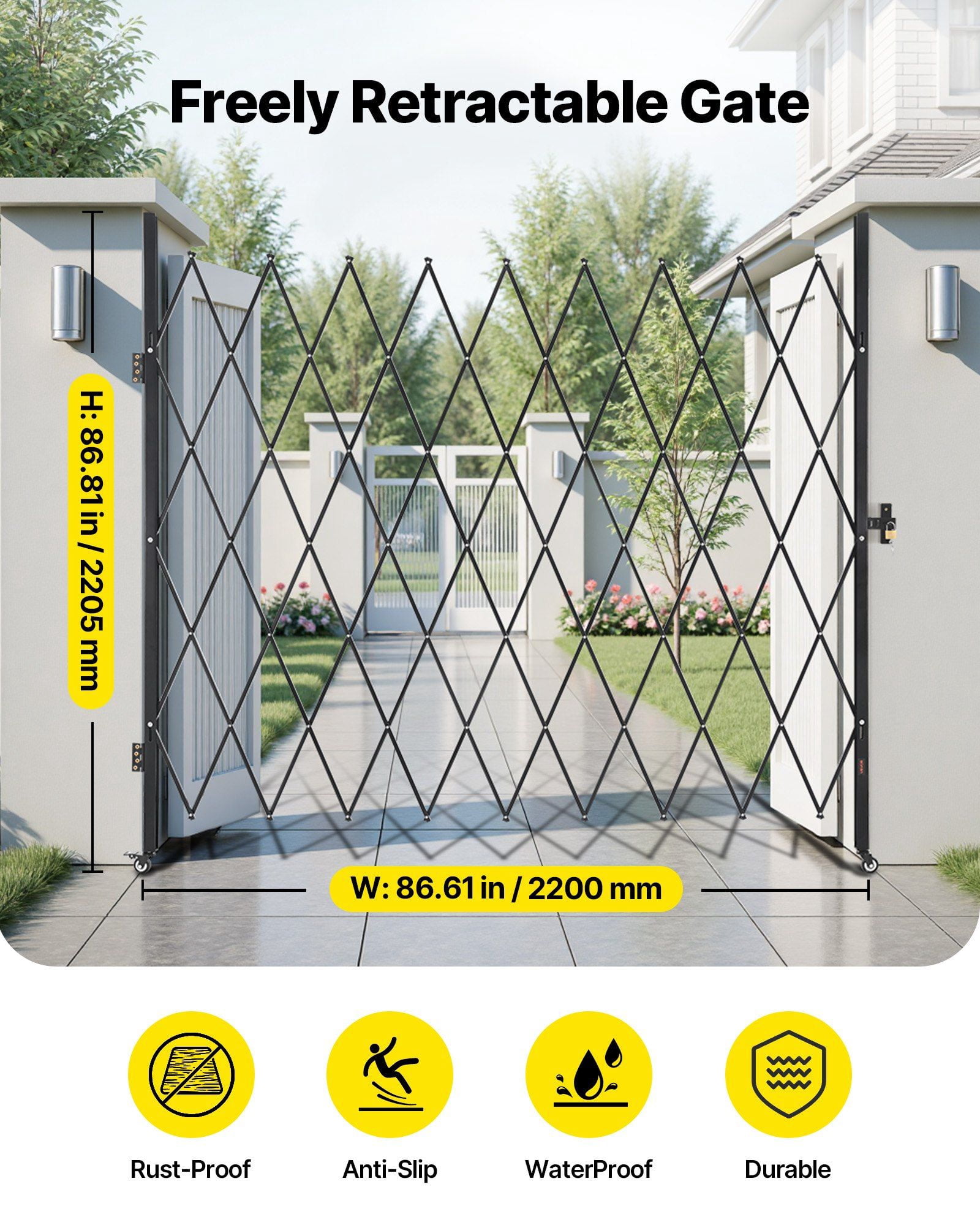CAFORKP Steel Retractable Folding Gate with Lock, Outdoor Mobile Barrier, Size 86.61" x 86.81"