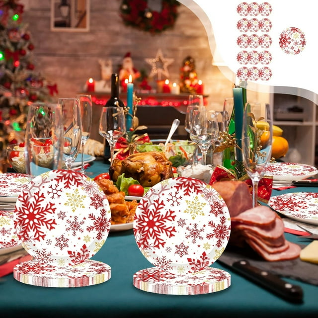 KTTECTOA Red Snowflake Christmas Theme Party Tableware Disposable 7-inchs 9-inchs Paper Plates Paper Cups Tissue Set of Party-Themed Paper Plates Set Clearance Decor Canada Days Christmas Indoor