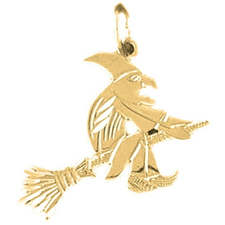 18K Yellow Gold Witch On Broom Pendant - 23 mm