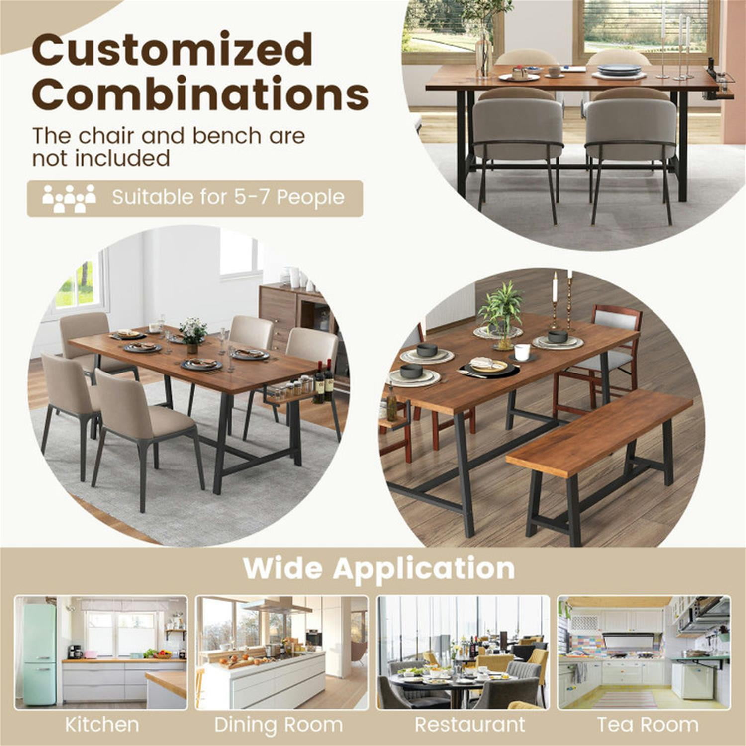 Demi Bonn 72" Dining Table Rectangular Kitchen Table with 2-Bottle Wine Rack for Kitchen, Dining Room, Dinette, Breakfast Nook, Brown