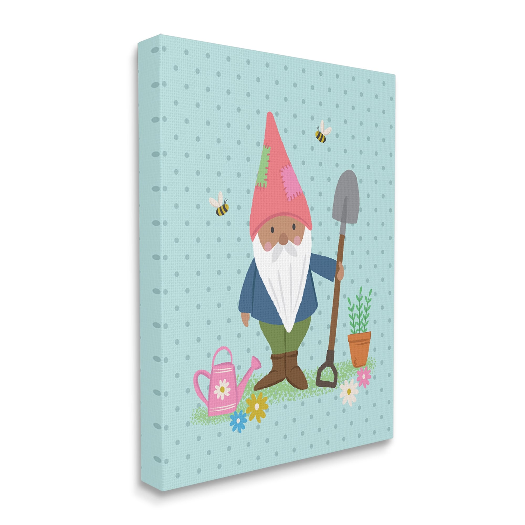 Stupell Industries Blue Polka Dot Gnome Gardening Flower Pot Bees Canvas Wall Art, 24 x 30, Design by Lisa Perry Whitebutton
