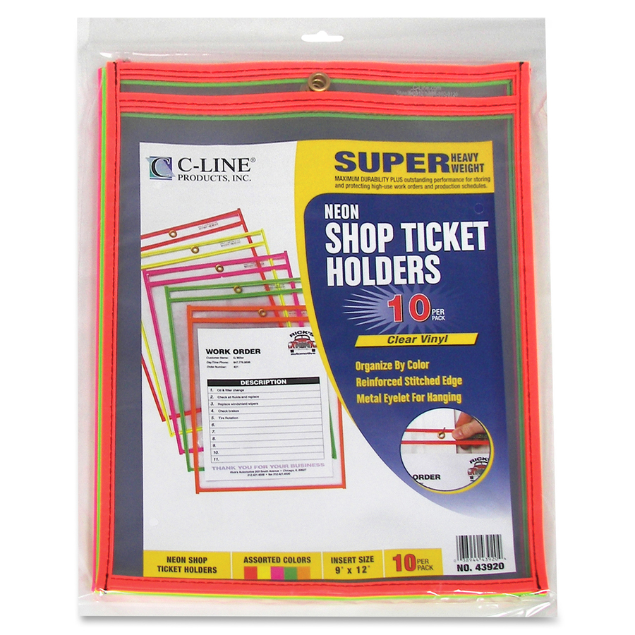 C-Line Stitched Shop/Job Ticket Holders, 9 X 12, Neon, 10