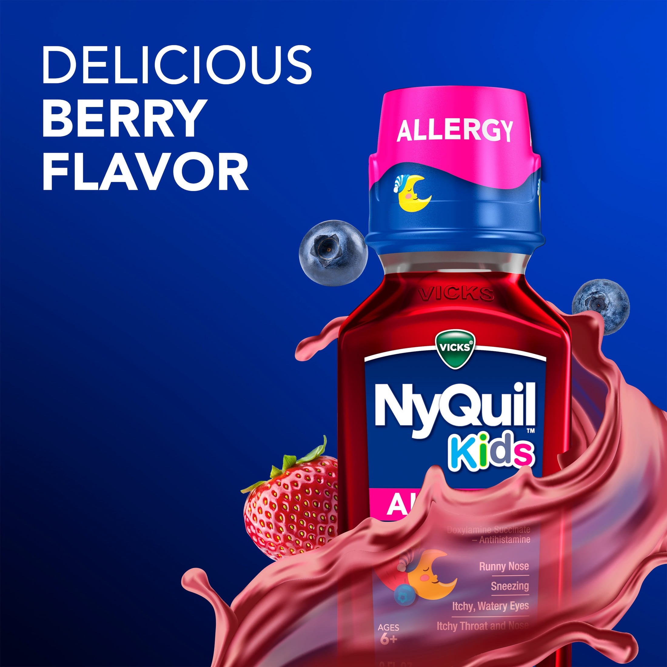 (3 pack) Vicks NyQuil Kids Allergy Liquid, Nighttime Allergy Medicine for Children, Berry, 8 fl oz
