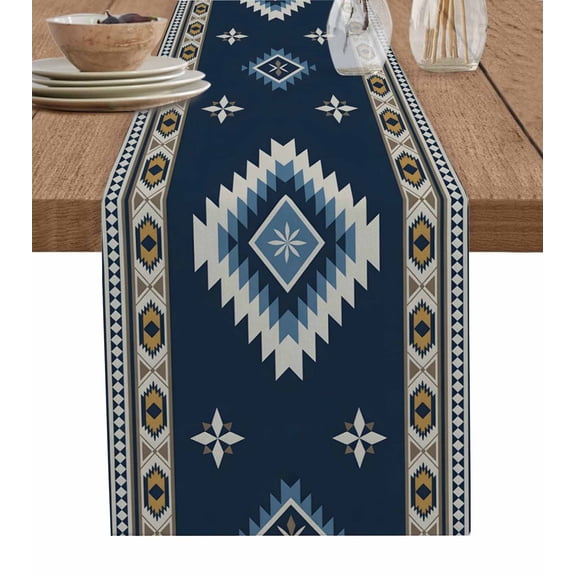 Blue Brown Boho Table Runner 72 Inches, Country Southwest Tribal Abstract Motifs Bed Runner Dresser Scarves Tabletop for Indoor Outdoor Parties/Ceremony/Banquet, 18" x 72"