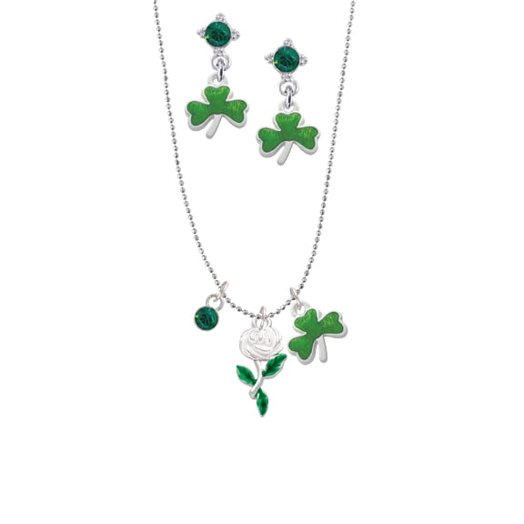 Delight Jewelry White Carnation Flower Green Shamrock Necklace and Clover Earrings Jewelry Set