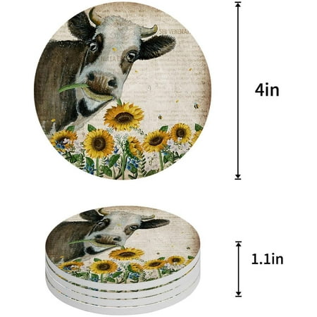 

ZHANZZK Sunflowers Cow Set of 4 Round Coaster for Drinks Absorbent Ceramic Stone Coasters Cup Mat with Cork Base for Home Kitchen Room Coffee Table Bar Decor