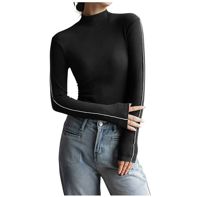 Timegard Tops for Women Ruffle High Neck Long Sleeve Tshirts Fall Casual Warm Slim Tops Undershirts