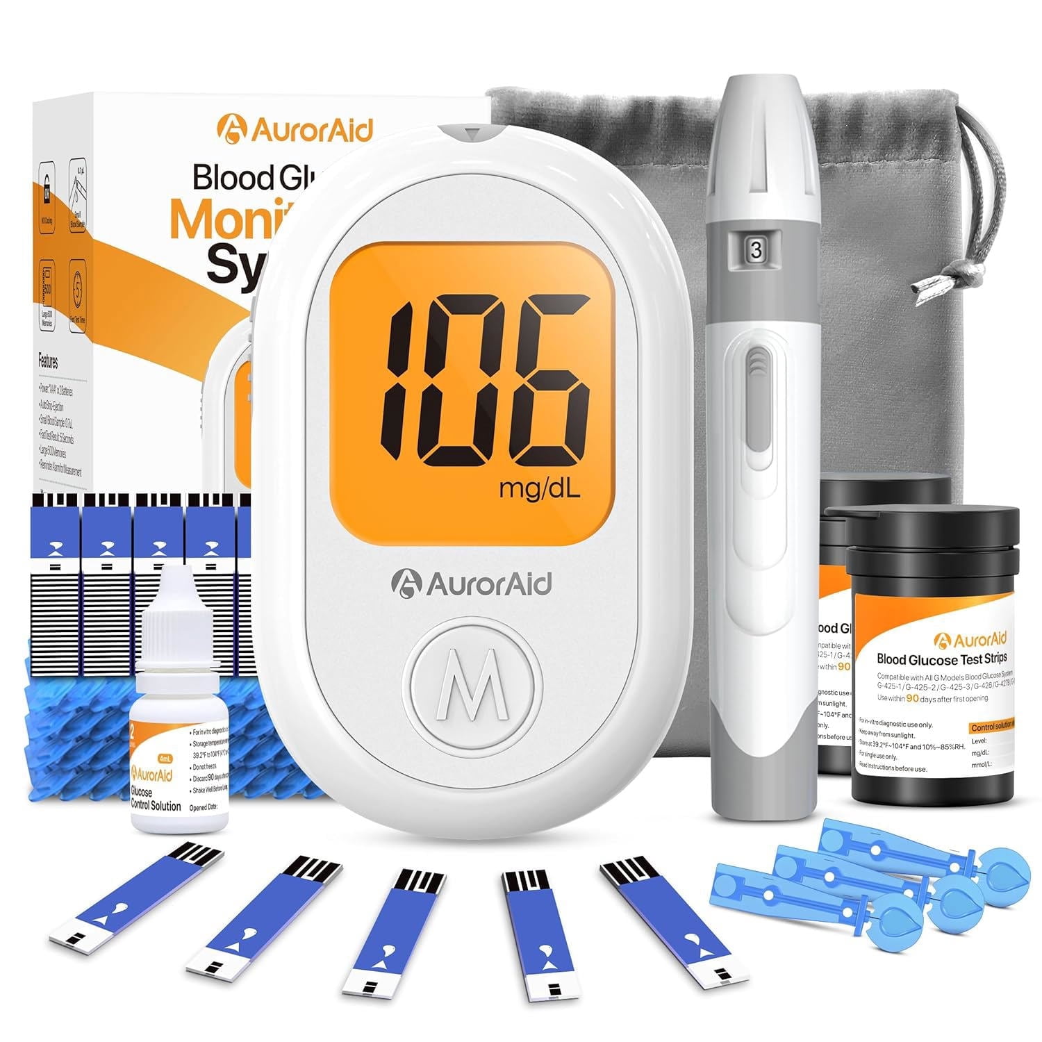 VUGHDW Blood Glucose Monitor Kit 100 Test Strips and 100 Lancets for Home Use, 500 Memory, Glucometer with Control Solution