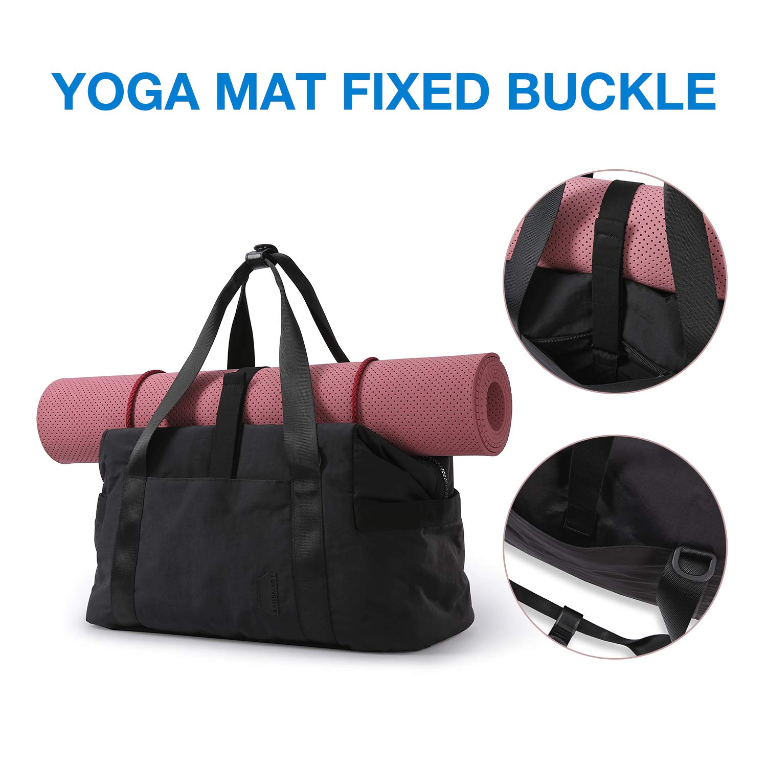 BAGSMART Travel Duffel Gym Bag for Women/Men, Weekender Carry on Overnight Bag, 30L Large Tote Bag Shoulder Handbags with Yoga Mat Bag Buckle & Trolley Sleeve, Black