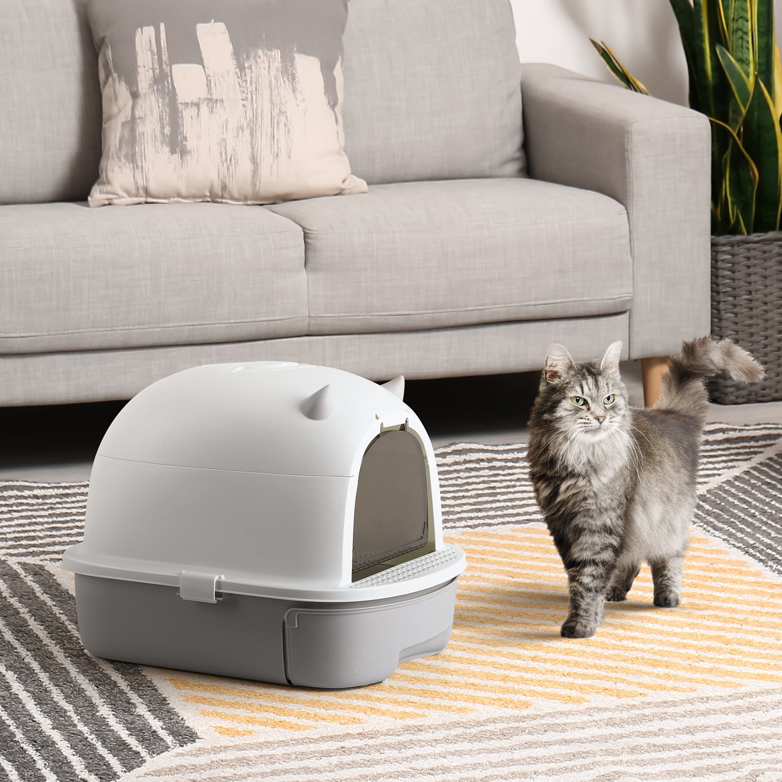 Enclosed Cat Litter Box with Drawer, Cute Devil Horn Design, Hooded Kitty Litter Box with Scoop & Deodorant Box for Cats Up to 15Lbs