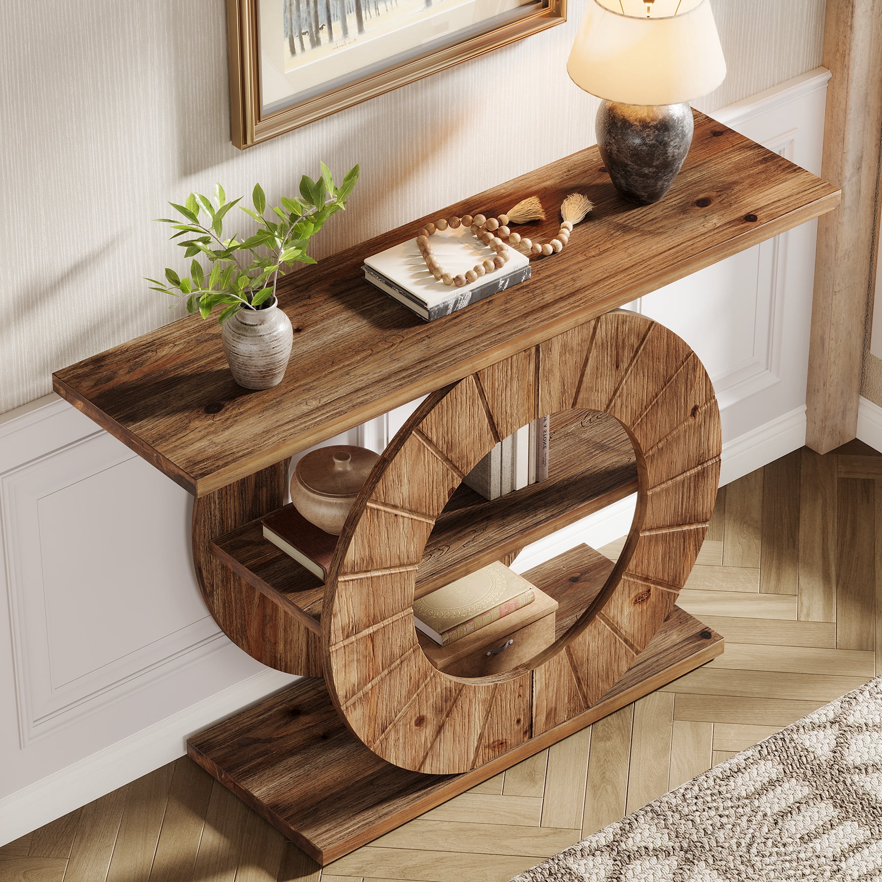 41" Solid Wood Console Table with 3-Tier Shelves, Round Carved Base, Farmhouse Entryway or Sofa Table for Living Room, Hallway, Foyer