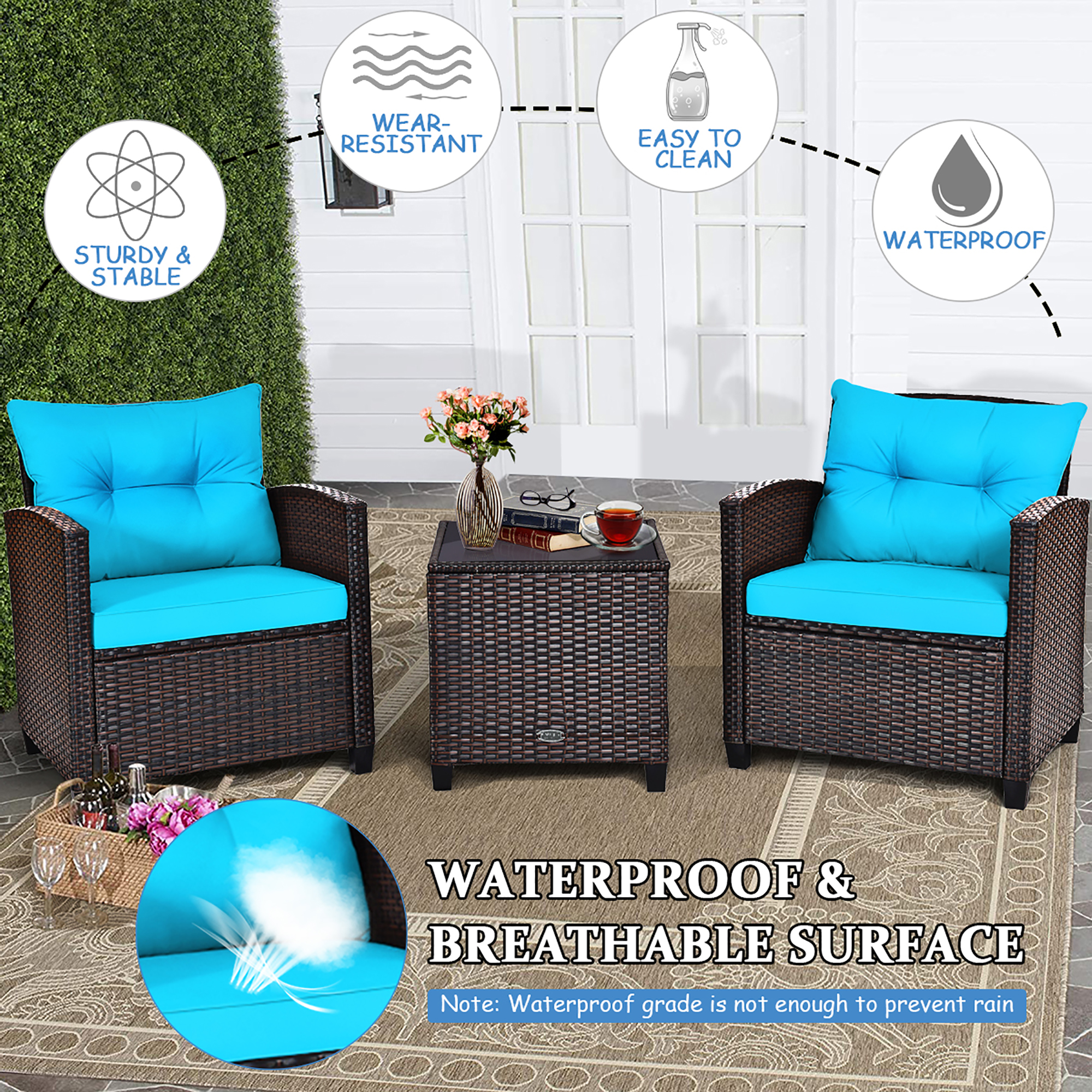 Costway 3-Piece Patio Rattan Conversation Set, Turquoise photo 6