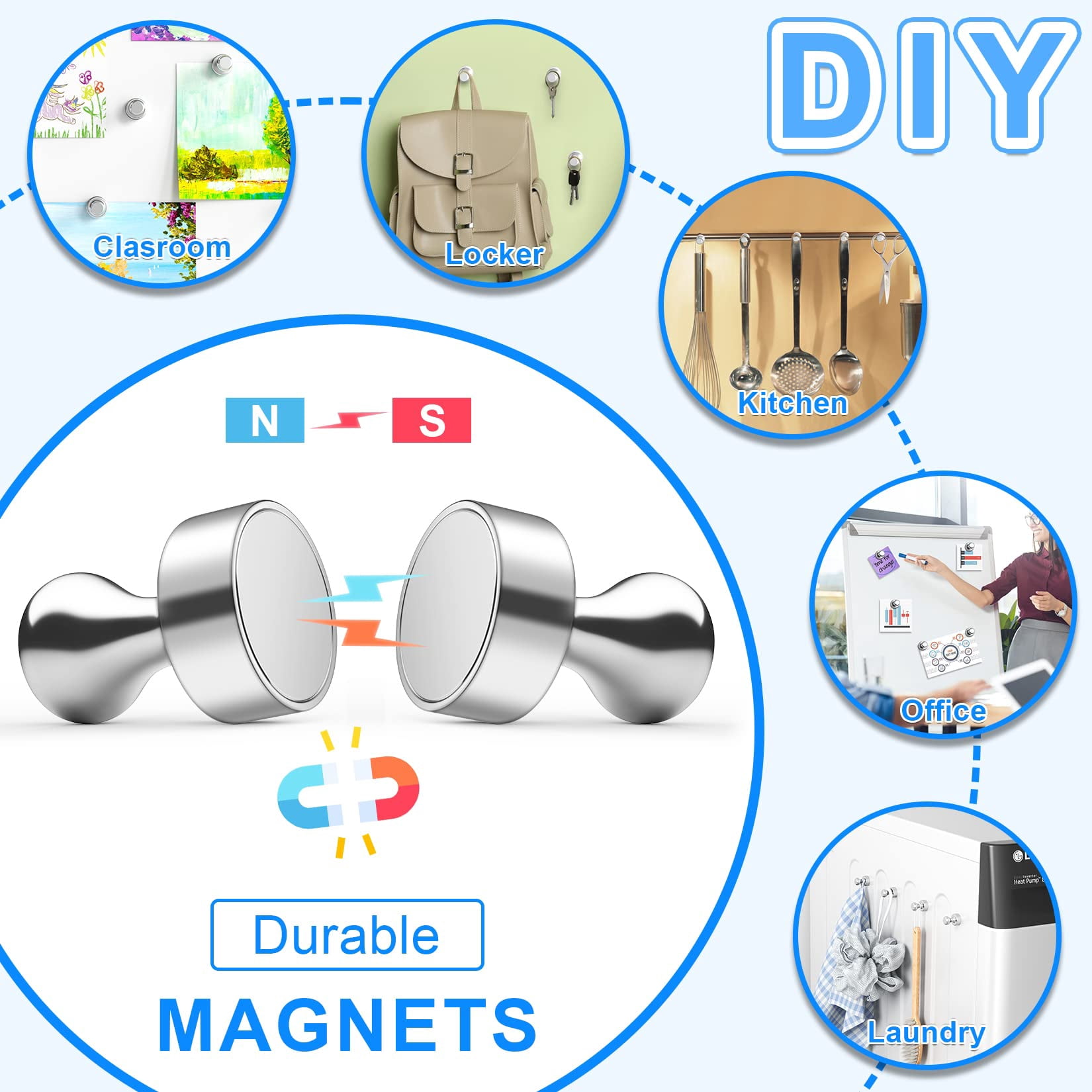 30Pcs Black Fridge Magnets, Small and Strong Magnets for Whiteboard, Office, Classroom, Map, Kitchen Accessories, Office Accessories, Locker Accessories