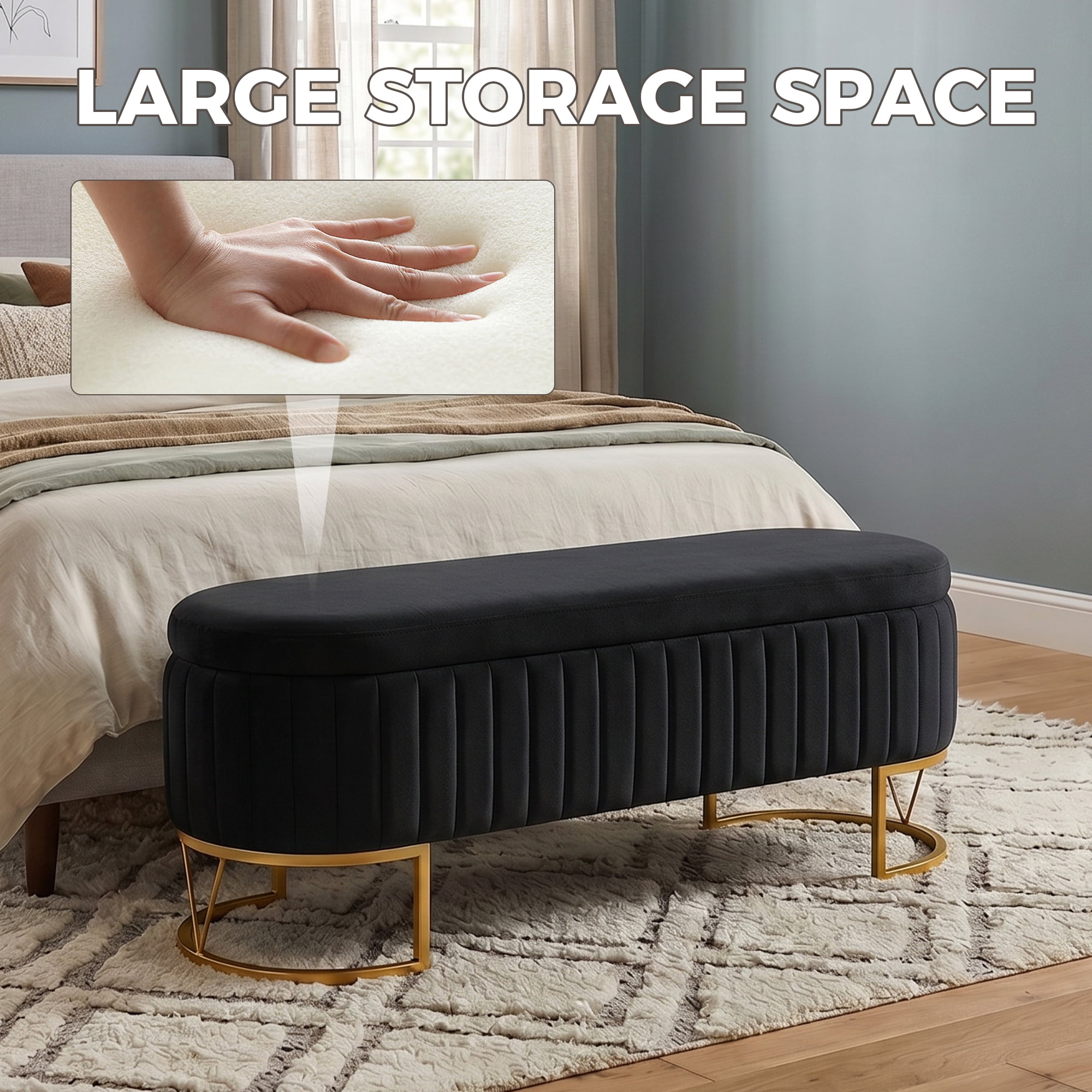 Storage Bench Bedroom Bench, Velvet Oval Upholstered End of Bed Bench with Golden Metal Legs, Modern Storage Ottoman Bench for Bedroom, Living Room, Entryway,Window,Black