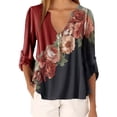 thumbnail image 3 of Blusa Camisa con cuello en V y estampado floral Blusa suelta de manga larga Top de mujer, Rojo, XL Noticed AP002021-20, 3 of 5