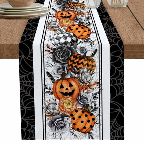 Halloween Table Runner 90 Inches Long for Dining Table Decor,Black Roses Orange Pumpkin Fall Leaf Burlap Linen Farmhouse Table Runner Coffee Table Runners Dresser Scarf for Kitchen Party Holiday