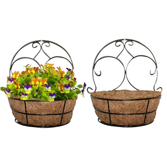 2 Pack Wall Hanging Planter Basket with Coco Liner Fence Hanging Planter Pot