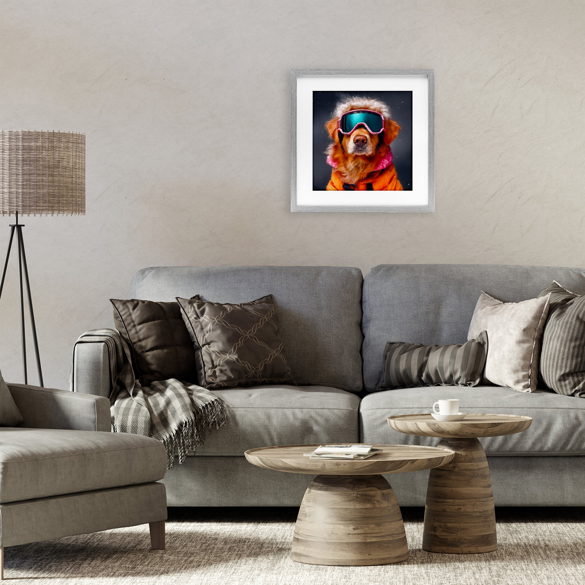 Ski Dog with Goggles Gray Framed Print Under Glass, design by Sean Parnell