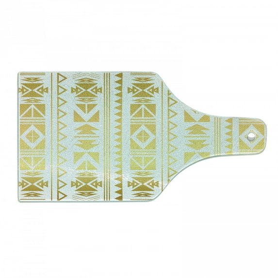 Ethnic Cutting Board, Abstract Borders from Prehistoric Cultures with Ombre Effect, Decorative Tempered Glass Cutting and Serving Board, Wine Bottle Shape, Yellow and White, by Ambesonne