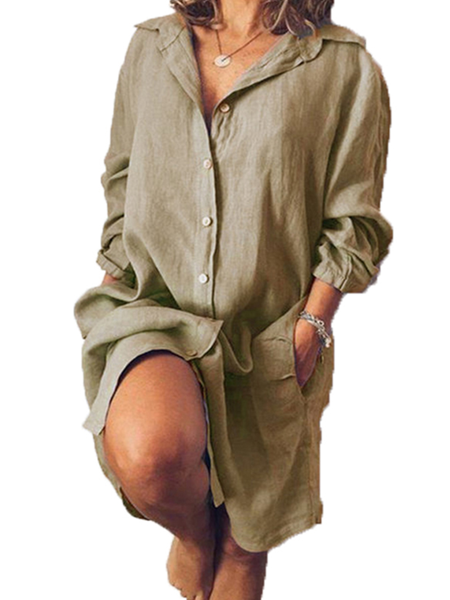 Women Ladies Long Sleeve Button Down Blouse Loose Tunic Baggy Lapel Shirt Dress - Walmart.com