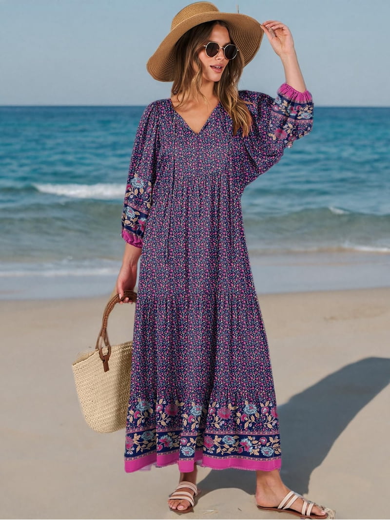 purple boho maxi dress ANRABESS Womens Dresses 2026 Summer V Neck Puff Sleeve Floral Flowy Swing Fall Casual Long Floral Small See-through Color:CHAMPAGNE GOLD making your dress truly Handmade Paisley Print Maxi