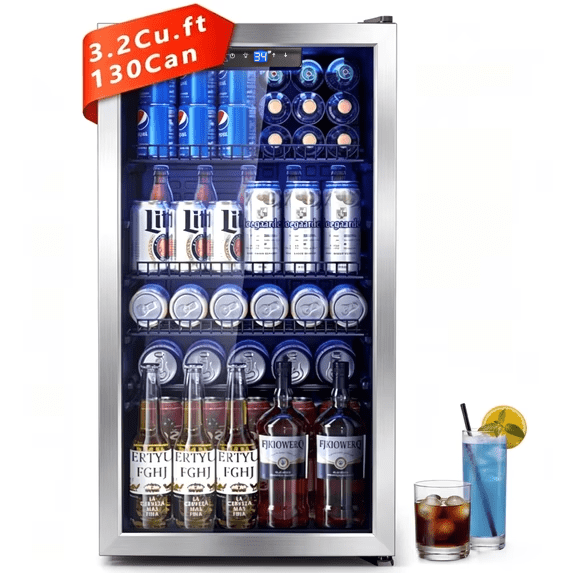 Nepsam Beverage Refrigerator with Glass Door, 3.2 Cu.ft Mini Fridge with Adjustable Shelves for Soda, Beer, Home/Office/Bar